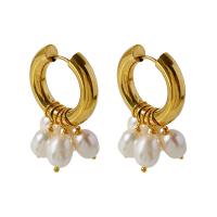 Huggie Hoop Drop Earring, Titanium Steel, with Freshwater Pearl, titanium hoop earring, for woman, golden 
