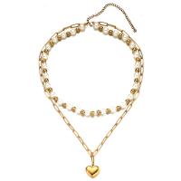 Stainless Steel Jewelry Necklace, 304 Stainless Steel, with Plastic Pearl, with 3.94inch extender chain, Heart, Double Layer & fashion jewelry & for woman Approx 13.78 Inch, Approx 17.72 Inch 