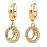 Huggie Hoop Drop Earring, laiton, dauphin, Placage de couleur d'or, pavé de micro zircon & pour femme & creux Vendu par paire