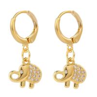 Huggie Hoop Drop Earring, laiton, éléphant, Placage de couleur d'or, pavé de micro zircon & pour femme Vendu par paire