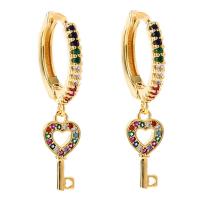 Huggie Hoop Drop Earring, laiton, clé, Placage de couleur d'or, pavé de micro zircon & pour femme, multicolore, 30mm, Vendu par paire