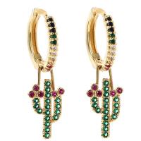 Huggie Hoop Drop Earring, laiton, Opuntia Stricta, Placage de couleur d'or, pavé de micro zircon & pour femme, multicolore, 33mm, Vendu par paire