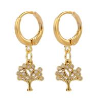 Huggie Hoop Drop Earring, laiton, arbre, Placage de couleur d'or, pavé de micro zircon & pour femme Vendu par paire