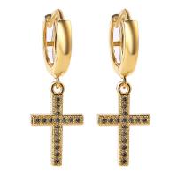 Huggie Hoop Drop Earring, Brass, Cross, gold color plated, micro pave cubic zirconia & for woman, 30mm 