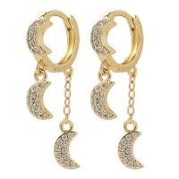 Huggie Hoop Drop Earring, laiton, lune, Placage de couleur d'or, pavé de micro zircon & pour femme, 34mm, Vendu par paire