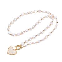 Freshwater Pearl Sweater Chain Necklace, with Shell & Brass, brass toggle clasp, for woman, white, 7-8mm cm 