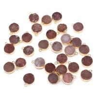 Ice Quartz Agate Pendants, with Brass, Round, gold color plated, Unisex, brown 