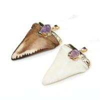 Ox Bone Pendant, with Amethyst & Brass, Triangle, gold color plated, Unisex 