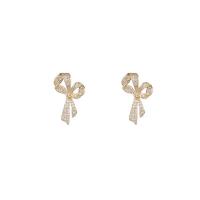 Brass Earring Stud Component, Bowknot, 14K gold-filled, DIY & micro pave cubic zirconia, golden 
