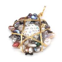 Cultured Freshwater Pearl Brass Pendant, with Rhinestone Clay Pave Bead & Resin & Brass, gold color plated, Unisex, mixed colors 
