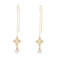 Brass Thread Through Earrings, with Plastic Pearl, fashion jewelry & micro pave cubic zirconia & for woman, golden 