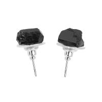 Tourmaline Stud Earring, with Brass, irregular, silver color plated, for woman, black, 8-12mm 