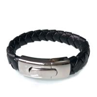 PU Leather Bracelet, with 304 Stainless Steel, Round, silver color plated, fashion jewelry & for man, black .46 Inch 
