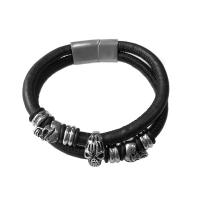 PU Leather Bracelet, with 304 Stainless Steel, Round, silver color plated, fashion jewelry & for man, black .66 Inch 