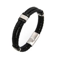 PU Leather Bracelet, with 304 Stainless Steel, Round, silver color plated, fashion jewelry & for man, black Approx 21 cm 