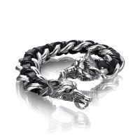 PU Leather Bracelet, with 304 Stainless Steel, Wolf, silver color plated, fashion jewelry & for man, black .66 Inch 