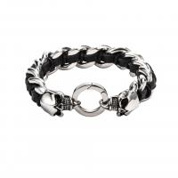 Titanium Steel Bracelet, with PU Leather, Round, silver color plated, fashion jewelry & for man, black cm 