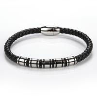 PU Leather Bracelet, with 304 Stainless Steel, Round, silver color plated, fashion jewelry & for man, black cm 