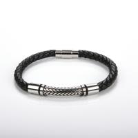 PU Leather Bracelet, with 304 Stainless Steel, Round, silver color plated, fashion jewelry & Unisex, black cm 