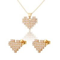 Cubic Zirconia Micro Pave Brass Jewelry Sets, Stud Earring & necklace, Heart, gold color plated, 2 pieces & fashion jewelry & Unisex & micro pave cubic zirconia, golden, 16.3*11.4mm,9.8mm Approx 17.72 Inch 