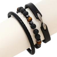 PU Leather Cord Bracelets, Cowhide, with PU Leather & Lava & Zinc Alloy, Round, silver color plated, three pieces & fashion jewelry & Unisex, black, 225mm,50-60mm,210mm 