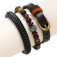 PU Leather Cord Bracelets, Cowhide, with PU Leather & Wax Cord & Wood & Zinc Alloy, Round, plated, Adjustable & three pieces & fashion jewelry & Unisex, black, 50-60mm,240mm 