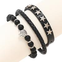 Cowhide Bracelet Set, with Glass Beads & PU Leather & Zinc Alloy, Round, silver color plated, three pieces & fashion jewelry & Unisex, black, 210mm,50-60mm,240mm 