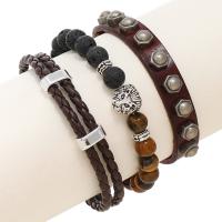 Cowhide Bracelet Set, with PU Leather & Lava & Tiger Eye & Zinc Alloy, Round, silver color plated, three pieces & fashion jewelry & Unisex, henna, 210mm,50-60mm,240mm 