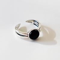 Sterling Silver Finger Ring, 925 Sterling Silver, with Black Agate, Round, adjustable & for woman, US Ring 