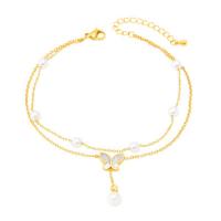 Titanium Steel Anklet, with White Shell & Plastic Pearl, titanium steel lobster clasp, plated, for woman, golden, 12mm cm 