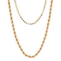 Rhinestone Brass Necklace, KC gold color plated, Double Layer & French Rope Chain & fashion jewelry & for woman & with rhinestone, golden Approx 17.96 Inch, Approx 16.53 Inch 