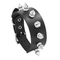 PU Leather Cord Bracelets, with ABS Plastic & Iron, Round, silver color plated, fashion jewelry & Unisex, black 