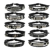 PU Leather Bracelet Set, with Wax Cord & Copper Coated Plastic & Zinc Alloy, Round, plated, 10 pieces & Adjustable & fashion jewelry & Unisex, black, 170-180mm,80-90mm 