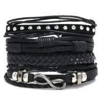 PU Leather Bracelet Set, with Cowhide & Wax Cord & Copper Coated Plastic & Zinc Alloy, Round, plated, 4 pieces & Adjustable & fashion jewelry & Unisex, black, 170-180mm,80-90mm 