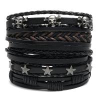 PU Leather Cord Bracelets, with Cowhide & Wax Cord & Zinc Alloy, Round, plated, 5 pieces & Adjustable & fashion jewelry & Unisex, black, 170-180mm,80-90mm 