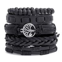 PU Leather Cord Bracelets, with Wax Cord & Wood & Zinc Alloy, Round, silver color plated, 5 pieces & Adjustable & fashion jewelry & Unisex 170-180mm,80-90mm 