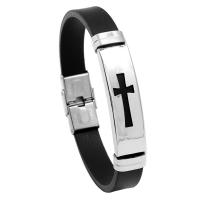 Silicone Stainless Steel Bracelets, with 316L Stainless Steel, Round, silver color plated, fashion jewelry & Unisex, black 
