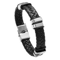 PU Leather Cord Bracelets, with 316L Stainless Steel, Round, silver color plated, fashion jewelry & Unisex, black 