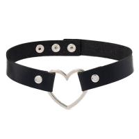 Fashion Choker Necklace, PU Leather, with Iron & Zinc Alloy, Heart, silver color plated, Adjustable & fashion jewelry & for woman, black 