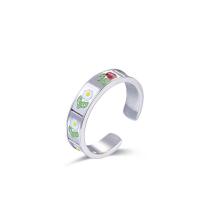 925 Sterling Silver Cuff Finger Ring, platinum plated, adjustable & with flower pattern & for woman & enamel US Ring 