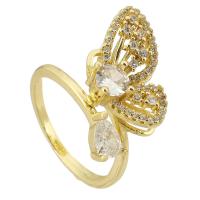 Brass Cuff Finger Ring, Butterfly, gold color plated, Adjustable & micro pave cubic zirconia & hollow, US Ring 