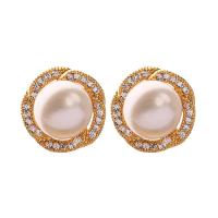 Freshwater Pearl Brass Earring, with Brass, gold color plated, Natural & fashion jewelry & for woman & with rhinestone, golden 
