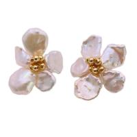 Freshwater Pearl Brass Earring, with Brass, real gold plated, Natural & fashion jewelry & for woman, golden 