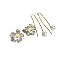 Cubic Zirconia Micro Pave Brass Earring, with White Shell & Plastic Pearl, Flower, gold color plated, micro pave cubic zirconia & for woman 