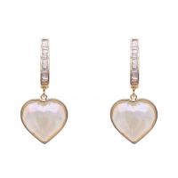 Cubic Zirconia Micro Pave Brass Earring, with Glass Pearl, Heart, gold color plated, micro pave cubic zirconia & for woman 