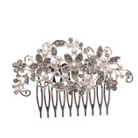 Decorative Hair Combs, Zinc Alloy, with Rhinestone & Plastic Pearl, silver color plated, for woman, silver color 