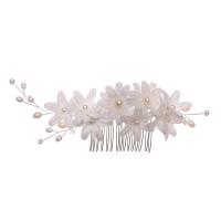 Decorative Hair Combs, Cloth, with Plastic Pearl & Zinc Alloy, Flower, silver color plated, for woman, white 