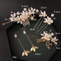 Rhinestone Zinc Alloy Jewelry Set, hair comb & hair stick & earring, with Polymer Clay & Plastic Pearl, Flower, gold color plated, 4 pieces & for woman & with rhinestone, golden 