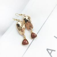 Gemstone Drop Earring, Natural Stone, with pearl & Brass, gold color plated, vintage & for woman 55-65mm 