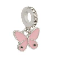 Zinc Alloy European Pendants, Butterfly, silver color plated, DIY & enamel & with rhinestone, pink Approx 5mm 